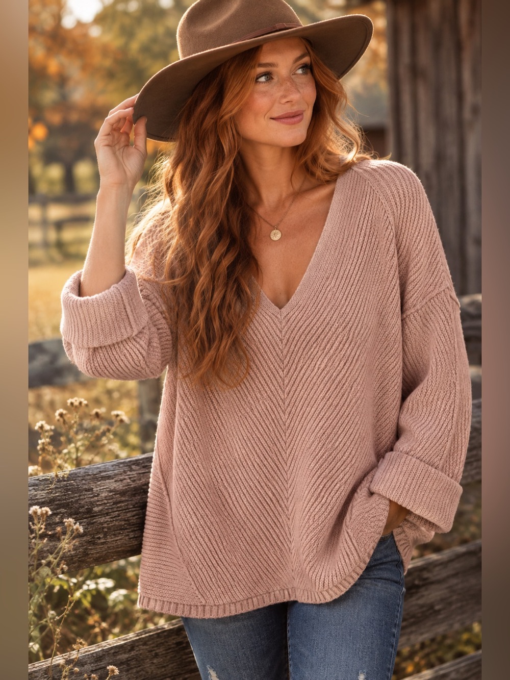 Free People Dusty Blush V-Neck Ribbed Oversized Sweater